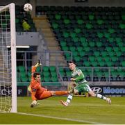 29 April 2024; Drogheda United goalkeeper Jethren Barr saves from Darragh Burns of Shamrock Rovers during the SSE Airtricity Men's Premier Division match between Shamrock Rovers and Drogheda United at Tallaght Stadium in Dublin. Photo by Stephen McCarthy/Sportsfile