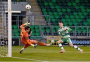 29 April 2024; Drogheda United goalkeeper Jethren Barr saves from Darragh Burns of Shamrock Rovers during the SSE Airtricity Men's Premier Division match between Shamrock Rovers and Drogheda United at Tallaght Stadium in Dublin. Photo by Stephen McCarthy/Sportsfile