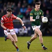 29 April 2024; Charlie O'Connor of Meath in action against Dara McDonnell of Louth during the EirGrid Leinster GAA Football U20 Championship Final match between Meath and Louth at Parnell Park in Dublin. Photo by Piaras Ó Mídheach/Sportsfile