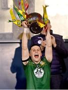 29 April 2024; Meath captain Liam Kelly lifts the cup after his side's victory in the EirGrid Leinster GAA Football U20 Championship Final match between Meath and Louth at Parnell Park in Dublin. Photo by Piaras Ó Mídheach/Sportsfile