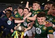 29 April 2024; Meath captain Liam Kelly holds the cup as he celebrates with team-mates after their side's victory in the EirGrid Leinster GAA Football U20 Championship Final match between Meath and Louth at Parnell Park in Dublin. Photo by Piaras Ó Mídheach/Sportsfile