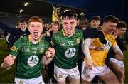 29 April 2024; Meath players Seán O'Hare, 4, and Hughie Corcoran, 13, celebrate after their side's victory in the EirGrid Leinster GAA Football U20 Championship Final match between Meath and Louth at Parnell Park in Dublin. Photo by Piaras Ó Mídheach/Sportsfile