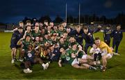 29 April 2024; Meath players celebrate after their side's victory in the EirGrid Leinster GAA Football U20 Championship Final match between Meath and Louth at Parnell Park in Dublin. Photo by Piaras Ó Mídheach/Sportsfile