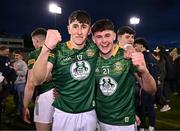 29 April 2024; Meath players John Harkin, left, and Conor McWeeney celebrate after their side's victory in the EirGrid Leinster GAA Football U20 Championship Final match between Meath and Louth at Parnell Park in Dublin. Photo by Piaras Ó Mídheach/Sportsfile