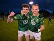 29 April 2024; Meath players Rían McConnell, left, and John O'Regan celebrate after their side's victory in the EirGrid Leinster GAA Football U20 Championship Final match between Meath and Louth at Parnell Park in Dublin. Photo by Piaras Ó Mídheach/Sportsfile