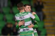 29 April 2024; Darragh Burns of Shamrock Rovers celebrates after scoring his side's third goal with team-mate Dylan Watts, left, during the SSE Airtricity Men's Premier Division match between Shamrock Rovers and Drogheda United at Tallaght Stadium in Dublin. Photo by Stephen McCarthy/Sportsfile