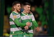 29 April 2024; Darragh Burns of Shamrock Rovers celebrates after scoring his side's third goal with team-mate Dylan Watts, left, during the SSE Airtricity Men's Premier Division match between Shamrock Rovers and Drogheda United at Tallaght Stadium in Dublin. Photo by Stephen McCarthy/Sportsfile