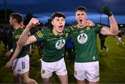 29 April 2024; Meath players Rían Stafford, left, and Conor Duke celebrate after their side's victory in the EirGrid Leinster GAA Football U20 Championship Final match between Meath and Louth at Parnell Park in Dublin. Photo by Piaras Ó Mídheach/Sportsfile