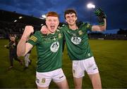 29 April 2024; Meath players Seán O'Hare, left, and Rían McConnell celebrate after their side's victory in the EirGrid Leinster GAA Football U20 Championship Final match between Meath and Louth at Parnell Park in Dublin. Photo by Piaras Ó Mídheach/Sportsfile