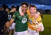 29 April 2024; Meath players Seán Emmanuel, left, and Oisín McDermott celebrate after their side's victory in the EirGrid Leinster GAA Football U20 Championship Final match between Meath and Louth at Parnell Park in Dublin. Photo by Piaras Ó Mídheach/Sportsfile