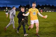 29 April 2024; Meath goalkeeper Oisín McDermott celebrates after his side's victory in the EirGrid Leinster GAA Football U20 Championship Final match between Meath and Louth at Parnell Park in Dublin. Photo by Piaras Ó Mídheach/Sportsfile