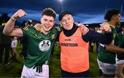 29 April 2024; Seímí Byrne of Meath celebrates with his manager Cathal Ó Bric after their side's victory in the EirGrid Leinster GAA Football U20 Championship Final match between Meath and Louth at Parnell Park in Dublin. Photo by Piaras Ó Mídheach/Sportsfile