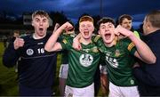 29 April 2024; Meath players, from left, Oisín Black, Seán O'Hare and Rían Stafford celebrate after their side's victory in the EirGrid Leinster GAA Football U20 Championship Final match between Meath and Louth at Parnell Park in Dublin. Photo by Piaras Ó Mídheach/Sportsfile