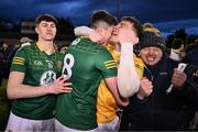 29 April 2024; Meath goalkeeper Oisín McDermott celebrates with team-mate Jack Kinlough, 8, after their side's victory in the EirGrid Leinster GAA Football U20 Championship Final match between Meath and Louth at Parnell Park in Dublin. Photo by Piaras Ó Mídheach/Sportsfile