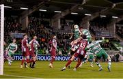 29 April 2024; Josh Honohan, right, of Shamrock Rovers heads his side's fourth goal during the SSE Airtricity Men's Premier Division match between Shamrock Rovers and Drogheda United at Tallaght Stadium in Dublin. Photo by Stephen McCarthy/Sportsfile