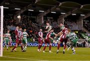 29 April 2024; Josh Honohan, right, of Shamrock Rovers heads his side's fourth goal during the SSE Airtricity Men's Premier Division match between Shamrock Rovers and Drogheda United at Tallaght Stadium in Dublin. Photo by Stephen McCarthy/Sportsfile