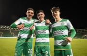 29 April 2024; Shamrock Rovers players, from left, John O'Sullivan, Cory O'Sullivan and Max Kovalevskis after the SSE Airtricity Men's Premier Division match between Shamrock Rovers and Drogheda United at Tallaght Stadium in Dublin. Photo by Stephen McCarthy/Sportsfile