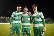 29 April 2024; Shamrock Rovers players, from left, John O'Sullivan, Cory O'Sullivan and Max Kovalevskis after the SSE Airtricity Men's Premier Division match between Shamrock Rovers and Drogheda United at Tallaght Stadium in Dublin. Photo by Stephen McCarthy/Sportsfile