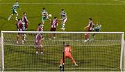 29 April 2024; Josh Honohan of Shamrock Rovers, right of centre, heads his side's fourth goal during the SSE Airtricity Men's Premier Division match between Shamrock Rovers and Drogheda United at Tallaght Stadium in Dublin. Photo by Stephen McCarthy/Sportsfile