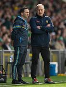 28 April 2024; Tipperary selector Michael Bevans, left, and manager Liam Cahill during the Munster GAA Hurling Senior Championship Round 2 match between Limerick and Tipperary at TUS Gaelic Grounds in Limerick. Photo by Brendan Moran/Sportsfile