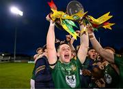 29 April 2024; Meath captain Liam Kelly celebrates with the cup after his side's victory in the EirGrid Leinster GAA Football U20 Championship Final match between Meath and Louth at Parnell Park in Dublin. Photo by Piaras Ó Mídheach/Sportsfile