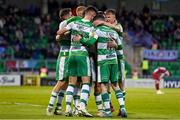 29 April 2024; Shamrock Rovers players celebrate after Aaron Greene, hidden, scored their second goal during the SSE Airtricity Men's Premier Division match between Shamrock Rovers and Drogheda United at Tallaght Stadium in Dublin. Photo by Stephen McCarthy/Sportsfile
