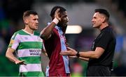 29 April 2024; Referee Rob Hennessy speaks to Frantz Pierrot of Drogheda United during the SSE Airtricity Men's Premier Division match between Shamrock Rovers and Drogheda United at Tallaght Stadium in Dublin. Photo by Stephen McCarthy/Sportsfile