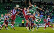 29 April 2024; Roberto Lopes of Shamrock Rovers in action against Hayden Cann of Drogheda United during the SSE Airtricity Men's Premier Division match between Shamrock Rovers and Drogheda United at Tallaght Stadium in Dublin. Photo by Stephen McCarthy/Sportsfile