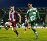 29 April 2024; Trevor Clarke of Shamrock Rovers in action against Jack Keaney of Drogheda United during the SSE Airtricity Men's Premier Division match between Shamrock Rovers and Drogheda United at Tallaght Stadium in Dublin. Photo by Stephen McCarthy/Sportsfile