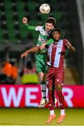 29 April 2024; Cory O'Sullivan of Shamrock Rovers in action against Zishim Bawa of Drogheda United during the SSE Airtricity Men's Premier Division match between Shamrock Rovers and Drogheda United at Tallaght Stadium in Dublin. Photo by Stephen McCarthy/Sportsfile