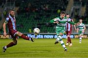 29 April 2024; John O'Sullivan of Shamrock Rovers in action against Gary Deegan of Drogheda United during the SSE Airtricity Men's Premier Division match between Shamrock Rovers and Drogheda United at Tallaght Stadium in Dublin. Photo by Stephen McCarthy/Sportsfile