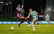 29 April 2024; Aaron Greene of Shamrock Rovers in action against Adam Foley of Drogheda United during the SSE Airtricity Men's Premier Division match between Shamrock Rovers and Drogheda United at Tallaght Stadium in Dublin. Photo by Stephen McCarthy/Sportsfile