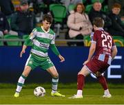 29 April 2024; Max Kovalevskis of Shamrock Rovers in action against Conor Kane of Drogheda United during the SSE Airtricity Men's Premier Division match between Shamrock Rovers and Drogheda United at Tallaght Stadium in Dublin. Photo by Stephen McCarthy/Sportsfile