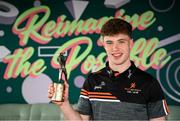 30 April 2024; PwC GAA/GPA Player of the Month for March in football, Eoin McEvoy of Derry, with his award at PwC offices in Dublin today. Photo by Ramsey Cardy/Sportsfile