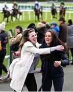 30 April 2024; The groom of Tune In A Box, Hannah Dudley, right, celebrates with friend Sarah Leahy after he won the Blood-Stock.com Full Circle Series Final Handicap Hurdle during day one of the Punchestown Festival at Punchestown Racecourse in Kildare. Photo by David Fitzgerald/Sportsfile