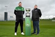 30 April 2023; Cockhill Celtic manager Gavin Cullen, left, and Gorey Rangers manager William Peare during an FAI Junior Cup media day at FAI HQ in Dublin. Photo by Ben McShane/Sportsfile