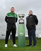 30 April 2023; Cockhill Celtic manager Gavin Cullen, left, and Gorey Rangers manager William Peare during an FAI Junior Cup media day at FAI HQ in Dublin. Photo by Ben McShane/Sportsfile