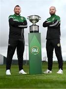 30 April 2023; Cockhill Celtic manager Gavin Cullen, left, and Cockhill Celtic player Peter Doherty during an FAI Junior Cup media day at FAI HQ in Dublin. Photo by Ben McShane/Sportsfile