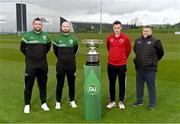 30 April 2023; In attendance, from left, Cockhill Celtic manager Gavin Cullen, Cockhill Celtic player Peter Doherty, Gorey Rangers captain Gavin O'Brien and Gorey Rangers manager William Peare during an FAI Junior Cup media day at FAI HQ in Dublin. Photo by Ben McShane/Sportsfile