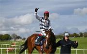 30 April 2024; JJ Slevin celebrates on Banbridge after winning the William Hill Champion Steeplechase during day one of the Punchestown Festival at Punchestown Racecourse in Kildare.