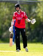 1 May 2024; Mike Frost of Munster Reds reacts after being caught out by Reuben Wilson of Leinster Lightning, not pictured, during the Cricket Ireland Inter-Provincial Trophy match between Leinster Lightning and Munster Reds at Pembroke Cricket Club in Dublin. Photo by Tyler Miller/Sportsfile
