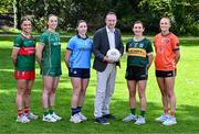 1 May 2024; Head of Consumer Marketing and Sponsorship at AIG John Gillick, with players, from left, Saoirse Lally of Mayo, Aoibhín Cleary of Meath, Jess Tobin of Dublin, Cáit Lynch of Kerry and Blaithin Mackin of Armagh at the official AIG & LGFA Partnership Launch for the 2024 season at Iveagh Gardens in Dublin. Photo by Piaras Ó Mídheach/Sportsfile