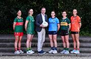 1 May 2024; Head of Consumer Marketing and Sponsorship at AIG John Gillick, with players, from left, Saoirse Lally of Mayo, Aoibhín Cleary of Meath, Jess Tobin of Dublin, Cáit Lynch of Kerry and Blaithin Mackin of Armagh at the official AIG & LGFA Partnership Launch for the 2024 season at Iveagh Gardens in Dublin. Photo by Piaras Ó Mídheach/Sportsfile
