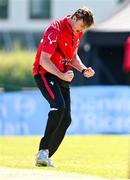 1 May 2024; Joshua Manley of Munster Reds celebrates taking the wicket of Lorcan Tucker of Leinster Lightning during the Cricket Ireland Inter-Provincial Trophy match between Leinster Lightning and Munster Reds at Pembroke Cricket Club in Dublin. Photo by Tyler Miller/Sportsfile