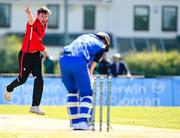 1 May 2024; Joshua Manley of Munster Reds celebrates taking the wicket of Lorcan Tucker of Leinster Lightning during the Cricket Ireland Inter-Provincial Trophy match between Leinster Lightning and Munster Reds at Pembroke Cricket Club in Dublin. Photo by Tyler Miller/Sportsfile