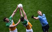 28 April 2024; Offaly players Jordan Hayes, left, and Dylan Hyland in action against Paul Mannion of Dublin during the Leinster GAA Football Senior Championship semi-final match between Dublin and Offaly at Croke Park in Dublin. Photo by Piaras Ó Mídheach/Sportsfile