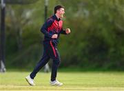 1 May 2024; Matthew Humphreys of Northern Knights celebrates after hitting the wickets of Kian Hilton of North West Warriors, not pictured, during the Cricket Ireland Inter-Provincial Trophy match between Northern Knights and North West Warriors at Pembroke Cricket Club in Dublin. Photo by Tyler Miller/Sportsfile