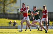 1 May 2024; Rory O’Shaughnessy of Cork in action against Eddie Healy of Kerry during the EirGrid Munster GAA U20 Football Championship Final match between Kerry and Cork at Austin Stack Park in Tralee, Kerry. Photo by Brendan Moran/Sportsfile
