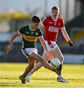 1 May 2024; Cian Lynch of Kerry in action against Rory O’Shaughnessy of Cork during the EirGrid Munster GAA U20 Football Championship Final match between Kerry and Cork at Austin Stack Park in Tralee, Kerry. Photo by Brendan Moran/Sportsfile