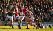 1 May 2024; Mark Óg O’Sullivan of Cork in action against Kerry players, Darragh O’Connor, Charlie Keating and Eddie Healy during the EirGrid Munster GAA U20 Football Championship Final match between Kerry and Cork at Austin Stack Park in Tralee, Kerry. Photo by Brendan Moran/Sportsfile
